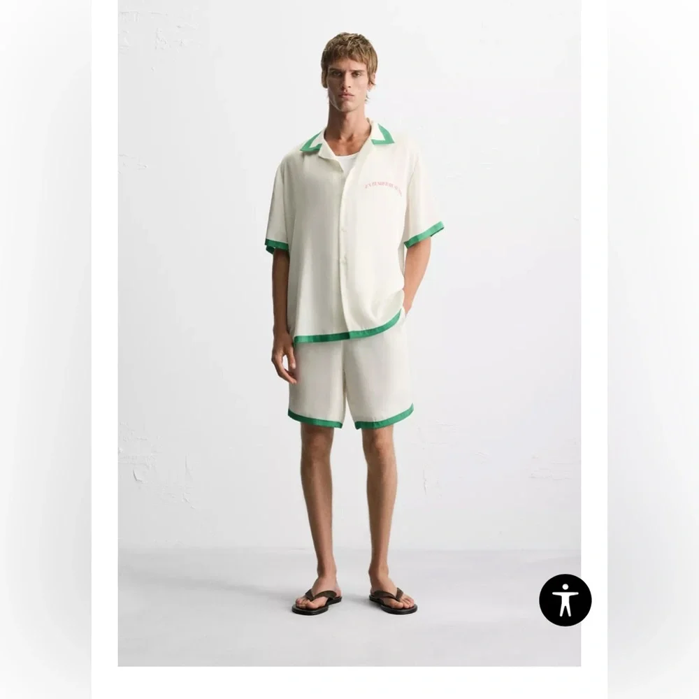 Satin shirt and shorts contrast stripe. Set- Size XL. Cream and Green color - Picture 2 of 13